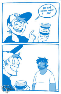 Two panel comic of Mikael and JP from Dead City. Panel one, Mikael is holding up a jar labelled "nut master" and saying "Hey JP! Guess what I am!". Panel two, Mikael is smiling and holding the jar expectantly while JP looks at him blankly.