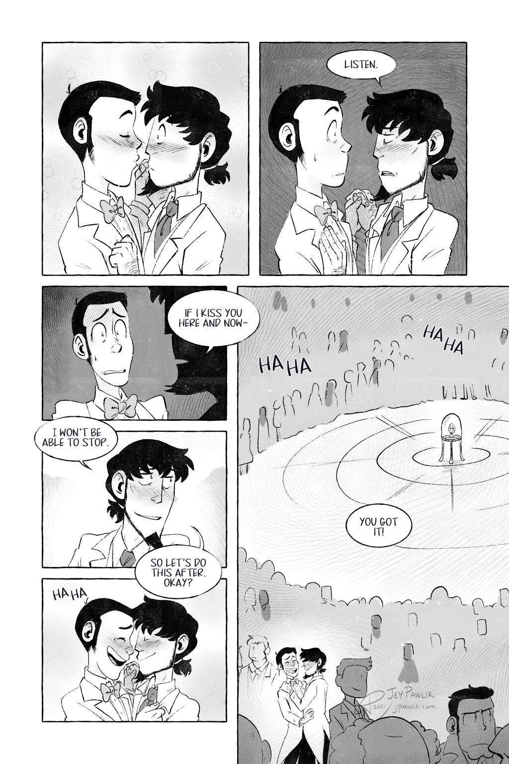 Lupin leans in for a kiss. Jigen stops him midway saying "Listen." Lupin's expression immediately fades and he's thrown into a dark state as Jigen says "If I kiss you here and now--" but the darkness subsides and Jigen continues "I won't be able to stop. So let's do this after. Okay?"  Lupin laughs with a tear in his eye and Jigen smiles along with him. The camera zooms out to see the two smiling together in the crowd of people, Lupin replying "You got it!"