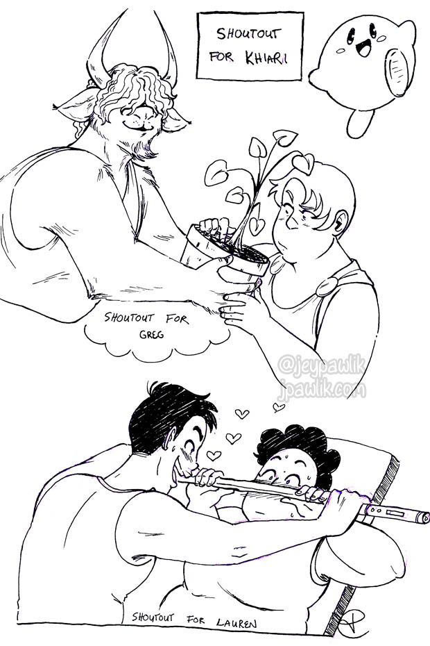 3 inked drawings for patrons; one is kirby, the second is a minotaur and a human holding a plant together, the third is G and Isuel from my comic 2060 working out together