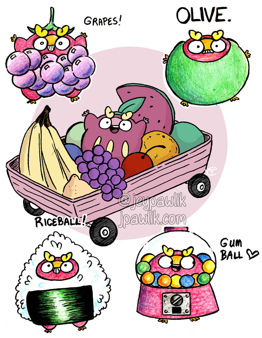 4 traditionally drawn Darumaka with coloured pencil, and one digital illustration in the middle of Darumaka in various costumes: grapes, olive, riceball, gumball, and a fruitbasket but the basket is a wagon.