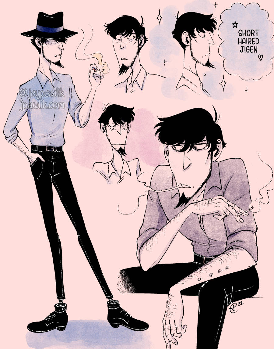 One image showcasing five drawings of Jigen with short hair; one is a full body where he's wearing his hat and holding a cigarette, three are just of his face from different angles and expressions, the last and largest one is him sitting down while blowing smoke out of his mouth with an annoyed expression, he's holding a cigarette in one hand. In the top right corner bubble-y font reads "Short haired Jigen" with stars around it. The image is primarily a pinky-peach colour with bits of textured blue on top.