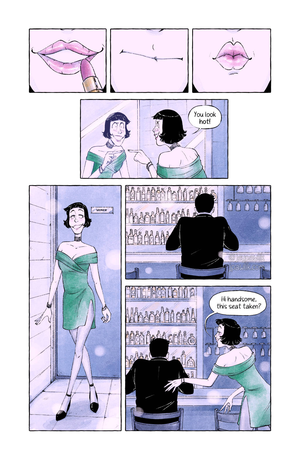 Comic page done in a limited colour palette. Panel One: Extreme close up shot. Lipstick is being applied to a pair of lips. Panel Two: Extreme close up shot. Lupin rubs his lips together to get an even coating and full coverage. Panel Three: Lupin puckers his lips with a smack, lipstick now perfectly applied. Panel Four: Wide shot, rear view. Lupin in drag is standing in front of a mirror admiring himself. He's pointing at his reflection with confidence and smiling. Lupin says "You look hot!" Panel Five: Full boy shot, front view. Lupin exits the bathroom with a wiggle and sway to his hips. He is confident and convincing in his disguise. Panel Six: Medium shot, rear view. We see the back of Zenigata from the waist up as he sits at the bar. Even from behind we can see that he is tense. Panel Seven: Wide shot, rear view. Lupin has laid a delicate hand on Zenigata's shoulder as he pulls out the chair beside him. He's flirting and laying on the charm like Fujiko would, but much worse at it. All of his interactions are uncomfortable and embarrassing. Lupin says "Hi handsome, this seat taken?"