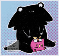 Illustration of Cryptid, a large black creature that looks like a salamander crossed with an angel shark. He has two big eyes that protrude from the top of his head, two big fins on either side of his head, a thick rectangular body with stubby arms and legs and tail. He's very soft and friendly looking. He's smiling as Darumaka sits in between his legs and waves up at him.