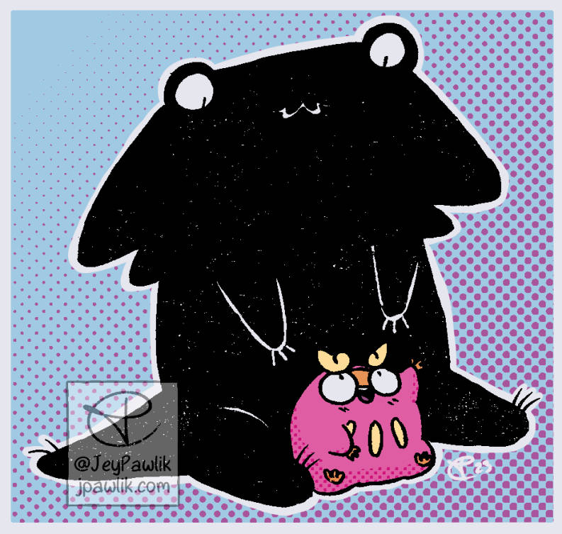 Illustration of Cryptid, a large black creature that looks like a salamander crossed with an angel shark. He has two big eyes that protrude from the top of his head, two big fins on either side of his head, a thick rectangular body with stubby arms and legs and tail. He's very soft and friendly looking. He's smiling as Darumaka sits in between his legs and waves up at him.