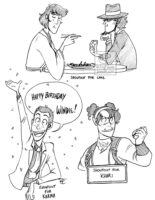 One image with three black and white ink drawings on it. The first is Jigen and Goemon sitting down to eat some fancy sushi together. The second is Lupin with his hand up in the air throwing confetti and saying "Happy Birthday Windie!". The third is the requester's character holding a pokeball and wearing a team valor shirt.