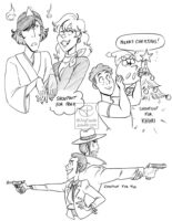 One image with three different black and white inked drawings on it. The first is Goemon as a Japanese style spirit, looking at Fujiko who bears some vampire fangs. The second is Daven lifting Darumaka up to place a star on the top of a Christmas tree. The third is Lupin and Zenigata back to back with their right arms completely extended in front of them pointing their guns at some off screen enemies.