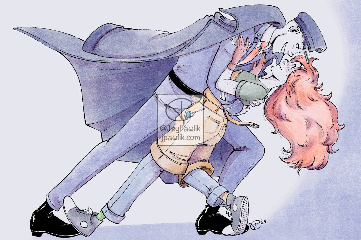 Commission drawing of two characters in a very deep dip pose. They're looking into each other's eyes lovingly. One character is much larger and doing the dipping, he's wearing a US navy outfit. The other character is smaller, she's got big read hair and freckles, and wearing a very quirky outfit.