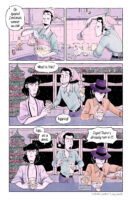 Comic page, with black lines and minimalist colouring. Panel one, Lupin is in a kitchen whisking some liquid in a glass bowl. He's wearing a pink Santa hat and singing. Lupin dialogue: Oh quand j'entends sonner au ciel. Panel two, Lupin is using a ladle to pour the liquid into three tall glasses. Panel three, in a living room Lupin is handing Goemon one of the three glasses. Lupin is holding one for himself and Jigen has one as well, but is reaching off panel for something. Goemon dialogue: What is this? Lupin dialogue: Eggnog! Panel four, similar panel as to panel three but Goemon is looking concerned at his glass, Lupin is pointing to Jigen angrily, and Jigen is pouring whisky into his own glass. Goemon dialogue: Egg... as a drink. Lupin dialogue: Jigen! There's already run in it!