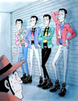 Illustration of four separate Lupins standing in a row, they're all wearing different jacket colours while Zenigata looks at them all from the foreground.
