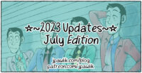Rectangular image of a title card. The image is a green overlay over a drawing of four versions of Lupin the third all wearing different jacket colours. Text: 2023 Updates, July Edition JPawlik.com and Patreon.com/jpawlik