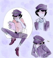 Three drawings of a young Jigen as he is in Lupin Zero. The first is a full body where he's blushing while reading a gay magazine for the first time. The second is him with a surprised expression. The third is him with his shoulders up saying "TCH!"