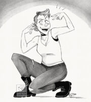 Greyscale drawing of Jamie Kaye’s character Rachel posing with one knee on the ground and the other up. Her hands are making two peace signs, she’s looking to the left with a mouth open smile.