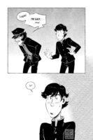 Comic page, 2 panels. Panel 1 shows a young Lupin and Jigen, where Jigen is facing the left and angrily bending himself forward while Lupin is behind him worried and reaching a hand out. Jigen’s yelling “Lupin! I’m gay! …okay?”. Panel 2 shows an open panel with no borders or background, a shoulder up shot of Lupin’s concerned face. Lupin says “So?”