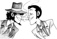 Greyscale traditional drawing of Lupin and Jigen both smiling and leaning in towards each other so their cigarettes can kiss.