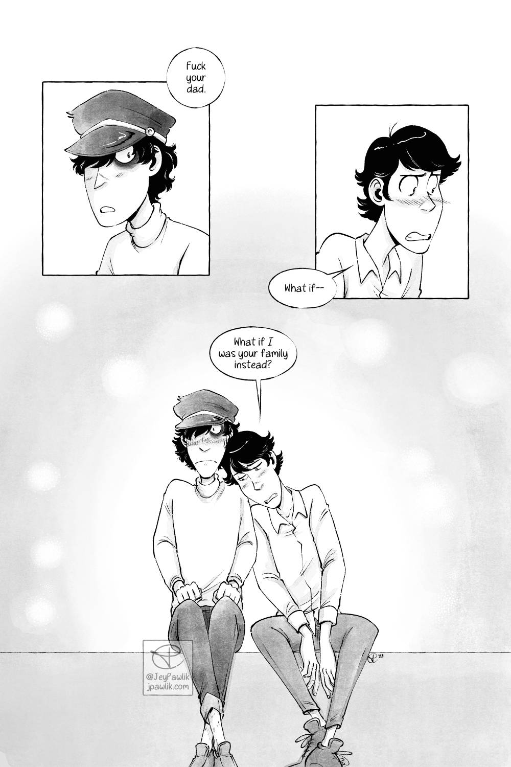 Comic page, 3 panels. Panel 1 shows a young Jigen looking surprised to the right with a black eye, a speech bubble overlaid on the corner of the panel reading "Fuck your dad". Panel 2 shows a young Lupin angry and looking down to the right while gritting his teeth, a speechbubble reads "What if--". Panel 3 is an open panel with the two boys sitting together on a wall, Lupin is leaning his head down on Jigen's shoulder. Jigen is blushing and his fists are tight on his knees. Lupin is sad and his arms lay limp between his knees. Speechbubble reads "What if I was your family instead?".