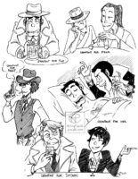 Image with multiple black and white inked drawings on it. Drawing one is Zenigata crying into a pint of beer. Drawing two is an older Jigen and Goemon sitting together while Goemon pours Jigen some sake. Drawing three is Jigen in a cowboy outfit holding a gun up. Drawing four is a vampire Lupin looming over a sleeping Zenigata. Drawing five is two characters from Psychopass out for a drink together.