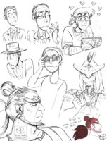 One image showing many small sketches of various characters; Lupin smiling, an old Lupin looking worried, Link holding a bowl of soup with hearts around his head, an old Jigen looking annoyed, Mikael smiling while wearing Elton John sunglasses, Sidon smiling, Ganondorf looking to the right with a neutral expression, a little doodle of how Ganon’s hair works in Tears of the Kingdom.