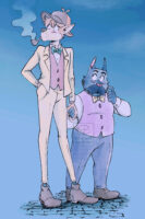 Coloured drawing of Sherlock Hound holding Watson’s hand while standing on some cobbles with a deep blue background.