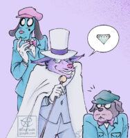 A coloured drawing showing a grinning Moriarty from Sherlock Hound in the middle of the image and holding his cane with a speech bubble pointing at him that shows a large diamond. Smiley is on his left looking to the left. Todd is on Moriarty’s right looking at Moriarty.