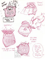 Sketch page with multiple drawings on it, showing Darumaka jumping, holding a birthday popper and wearing a birthday hat saying “Happy Birthday!”. Darumaka wearing a matador outfit saying “Tauros, Taurous!” Darumaka in her matador outfit giving Tauros a kiss on the snoot. Darumaka running with a big bowl of popcorn above her head saying “Popcorn!” with a note under her that reads “She popped it herself with her own heat. Darumaka with an angry expression and one hand up as if scolding someone saying “You leave my Daven alone!” and a speech bubble off screen from Daven saying “Maka, you can’t talk to the nurse like that. She’s just taking blood.”