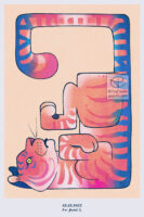 Illustration of a blocky tiger done in dark blue lines with trans flag coloured stripes and an orange body with a cream underbelly. It’s laying on it’s shoulders with it’s feet curled in and it’s tail up in the air. It’s body is following the rectangular shape of the canvas.