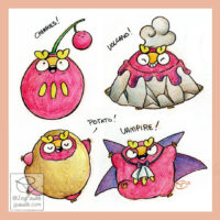 One image with four drawings of Darumaka. They're coloured in with pencil crayons and she's wearing a different Halloween costume in each drawing: a cherry, a volcano, a potato, and a vampire.