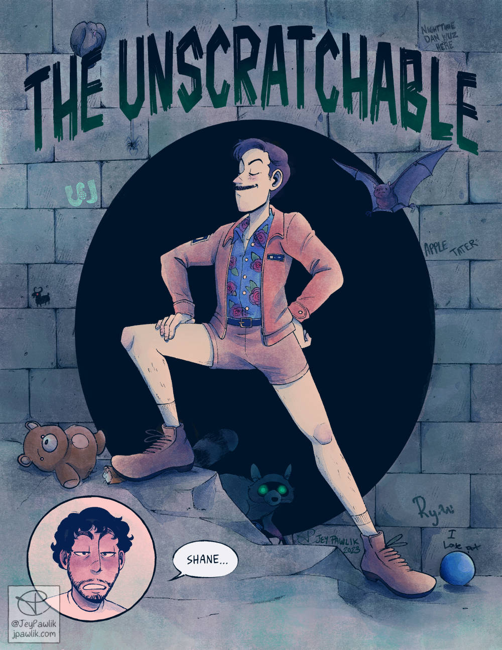 A drawing done with black line work and blue toned textured colouring. The text “The Unscratchable” at the top of the drawing done in black and dark green. Shane Madej is standing triumphantly in front of a spooky black whole in a decrepit brick wall. Around him are easter eggs to Buzzfeed Unsolved and Ghost Files including, a raccoon with glowing eyes, a bat, a pigeon, Timmy’s blue ball, Ryan’s name, I love pot, Night Time Dan wuz here, a drawing of a goat, the Watcher logo, and the Boo Buddy. In the bottom left corner shows Ryan in a circular panel looking annoyed and saying “Shane…”