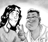 Greyscale drawing of Tre and Olly from Shot and Chaser in the style of a selfie. Both characters are making eye contact with the camera. Olly is smiling, and Tre has his hand up in a peace sign with his tongue sticking out.
