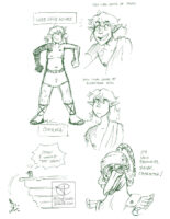 Two pages filled with sketches. Page one shows a full body of Link in his starting outfit from Tears of the Kingdom with the text “Wild child hours commence” around him. Next to that is two sketches of Link from the chest up, the first shows him excited with the text “How Link looks at food”, with the second being an expressionless Link with the text “How Link looks at everything else.” Below that is a sketch of Penn. Beside that is a very small doodle of a battle construct falling off the side of a floating island with Link yelling “Oh no! I wanted that stuff!”