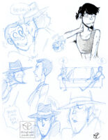 Multiple sketches on one image showing five different sketches. In the first Jigen is looking down at Lupin smiling saying “Babygirl” while Lupin blushes. In the second, Jigen is shirtless and wearing a binder and looking to the right. In the third, Jigen is looking at Lupin angrily and saying “Spoiled little rich kid!” while Lupin looks appauled. In the fourth, Lupin and Jigen are sitting angrily on a couch together. The last two are scribbly doodles of Jigen’s face.