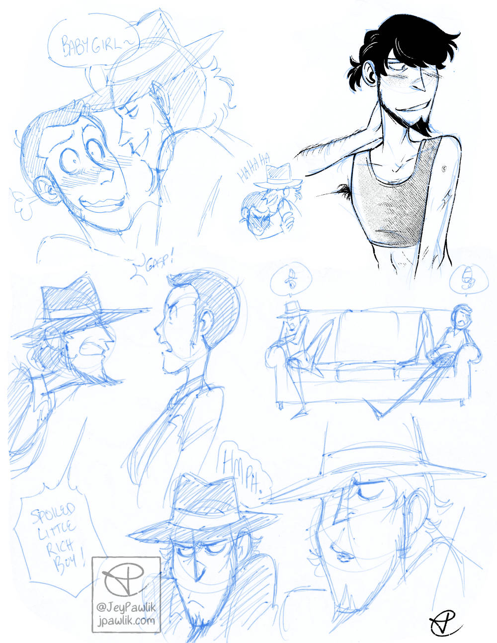 Multiple sketches on one image showing five different sketches. In the first Jigen is looking down at Lupin smiling saying “Babygirl” while Lupin blushes. In the second, Jigen is shirtless and wearing a binder and looking to the right. In the third, Jigen is looking at Lupin angrily and saying “Spoiled little rich kid!” while Lupin looks appauled. In the fourth, Lupin and Jigen are sitting angrily on a couch together. The last two are scribbly doodles of Jigen’s face.