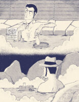 Drawing with deep blue lineart and a cream background and halftones. On the top half of the drawing, Lupin is sitting in a hot spring up to his chest. He’s holding a sake cup in his right hand and a sake bottle with his left. He looks content and is looking to the left of the screen. On the bottom half of the drawing, Zenigata is sitting in a hot spring up to his chest. His back is facing the camera and we cannot see his expression. His right hand is holding a sake cup up to his mouth as he looks off into the rest of the hot spring.