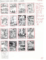 16 comic thumbnails on a single piece of paper, drawn with a rollerball pen. The studies are from the comic “Yokohama Kadaishi Kikou”.