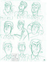 One image with multiple sketches of Lupin’s face with various different expressions, the sketches are done in a light green pencil. His expressions include: serious, pondering with his hand on his chin, laughing with his eyes closed, confused, surprised and pointing to the left, curled up and staticky, wide-eyed, looking up with his mouth wide open, determined but there’s an X drawn beside it with the handwritten text “bad”.