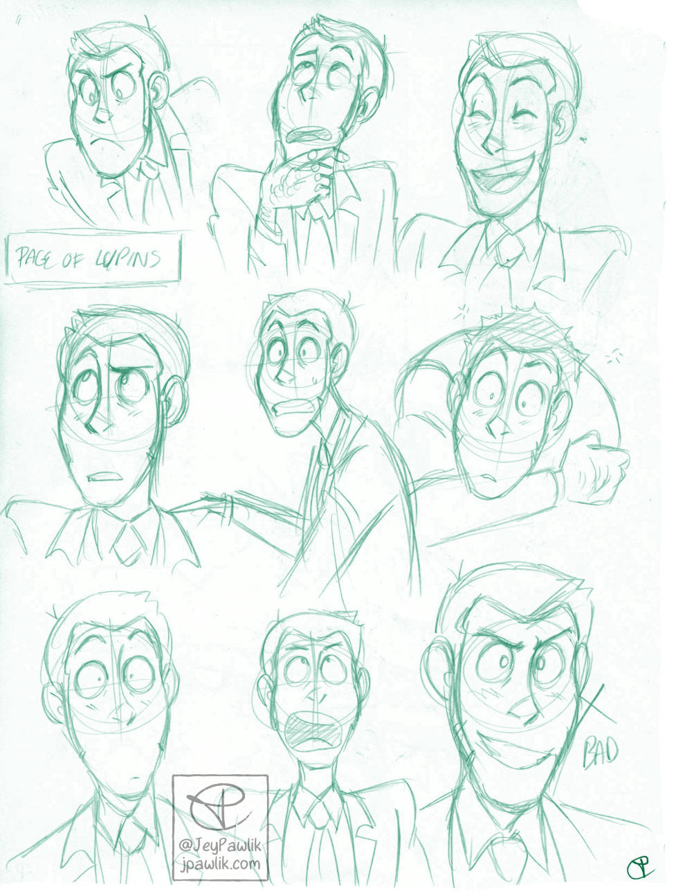 One image with multiple sketches of Lupin’s face with various different expressions, the sketches are done in a light green pencil. His expressions include: serious, pondering with his hand on his chin, laughing with his eyes closed, confused, surprised and pointing to the left, curled up and staticky, wide-eyed, looking up with his mouth wide open, determined but there’s an X drawn beside it with the handwritten text “bad”.