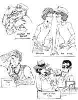 Image with multiple black and white inked drawings on it. The first drawing shows a couple hugging each other and smiling. The second is Lupin and Jigen from Lupin Zero looking at each other while their hands are touching spontaneously. Drawing three shows an older man holding a wrench in one hand and wiping sweat off his brow with his other hand. Drawing four shows Lupin and Jigen on a picnic together eating sandwiches.