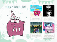 Promo image of Darumaka with a little birthday hat on her head, she’s looking up and gesturing with her hands to the right of the image. The right of the image shows four comic covers with description blurbs under them. Alola Darumaka, A 4-koma slice-of-life comic about Daven and his rambunctious partner Pokemon, Darumaka! Daven and Darumaka move to Alola for school. Is Alola ready for Darumaka? One-Shot comics, One-shot comics just for fun! Various 1-6 page stand alone stories. Includes: original, fanart (mostly Lupin III) and miscellaneous characters. Dead City, A zombie apocalypse has hit Toronto and Mikael and JP are alone in the city and struggling to survive. While they’re searching for food and shelter they find something else as well. Gender Slices, A collection of short autobiographical comics about being trans and nonbinary in a ciscentric world. Jey works through their own feelings in short, one page comics that depict their day to day experience.