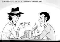Black and white drawing of Lupin and Jigen eating panetonne together.