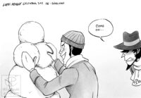 Black and white drawing of Lupin and Jigen out in the snow. Lupin is sculpting a pair of boobs onto a blank faced snowman. Jigen is poking his head into frame with a scowl saying "Come on..." Above the drawing reads "Lupin Advent Calendar Day 16: Snowman"
