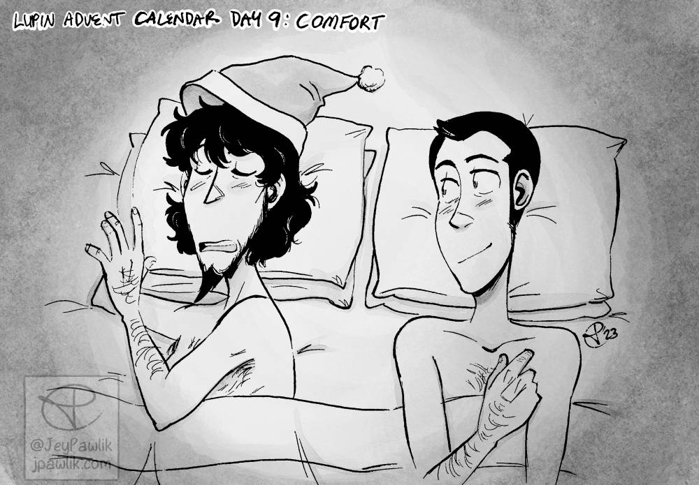 Rectangular image of a black and white drawing with some greyscale. Lupin and Jigen are shown from the chest up while sleeping in a bed together. The covers are up covering their chests. Jigen is on the left holding his pillow and snoring, his night cap falling off his messy hair. Lupin is on the right and awake, he’s looking over at Jigen lovingly with a hand up by his own chest.