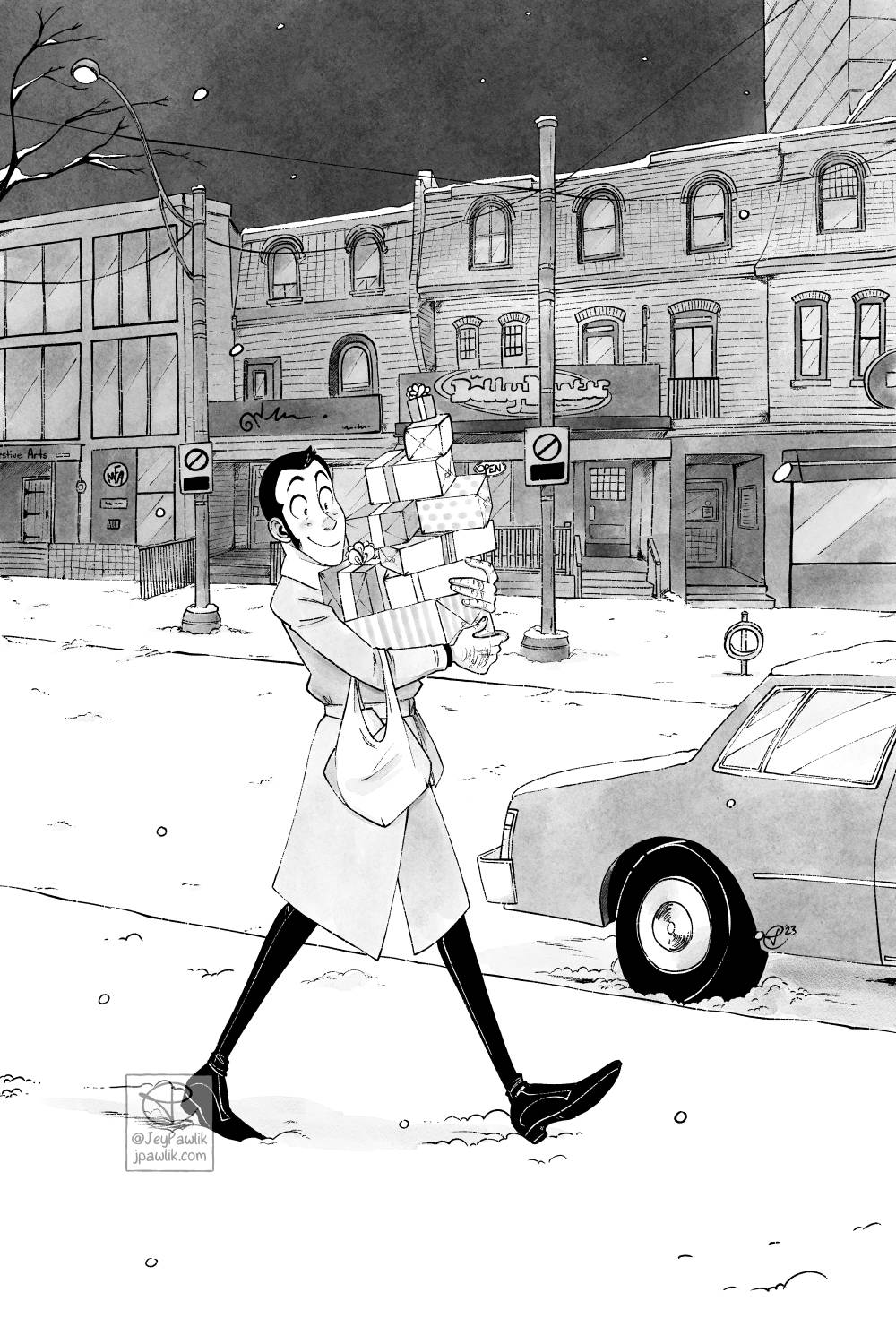 Black and white drawing of Lupin holding a stack of wrapped gifts as he walks through a quiet winter street, there’s shops behind him and it’s snowing. He’s smiling and wearing a long peacoat.