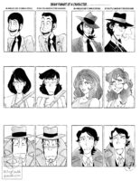 Large image divided into 12 rectangles. At the top of the image is the text “Draw fanart of a character… template by Tagasaing on twitter. On model/as close to canon as possible. In your style and/or with your headcanons” In the 12 boxes are 12 black and white drawings. The first two are of Lupin, one in his part two style, and the other in my own style. Beside that is a part two Jigen, then Jigen in my style. Under those, show Goemon in his part one style, then my own style. Beside that shows Fujiko in part one and then my style. Under those shows Zenigata in Miyazaki’s style, then my own style. Beside that shows Yata in the part six style, then in my own style.