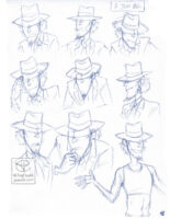 A page with nine sketches of Jigen on it, with various expressions and from different angles. They are based on screenshots from Part 2.