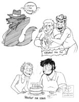 One image with three black and white inked drawings. The first is of Jigen as a werewolf from the side with his arms behind his head, text reads “shoutout for frnz”. The second is Jan and Isabelle from the comic Touchdown playfighting over a football, they’re both smiling, text reads “shoutout for TLC”. The last is Mikael and JP from Dead City smiling at a cake that has candles on it, text reads “shoutout for Khiari”.