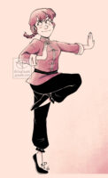 A drawing of Ranma from Ranma 1/2 standing in the middle of the frame with one leg up and her arms out like she’s practicing her martial arts.