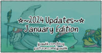 Rectangular image with the text “2024 Updates, January Edition” on a green background with “jpawlik.com/blog and patreon.com/jpawlik” at the bottom.