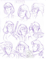 Sketch page of nine sketches of Goemon with different expressions, using screenshots from various episodes and movies. The page is done in purple ballpoint pen.