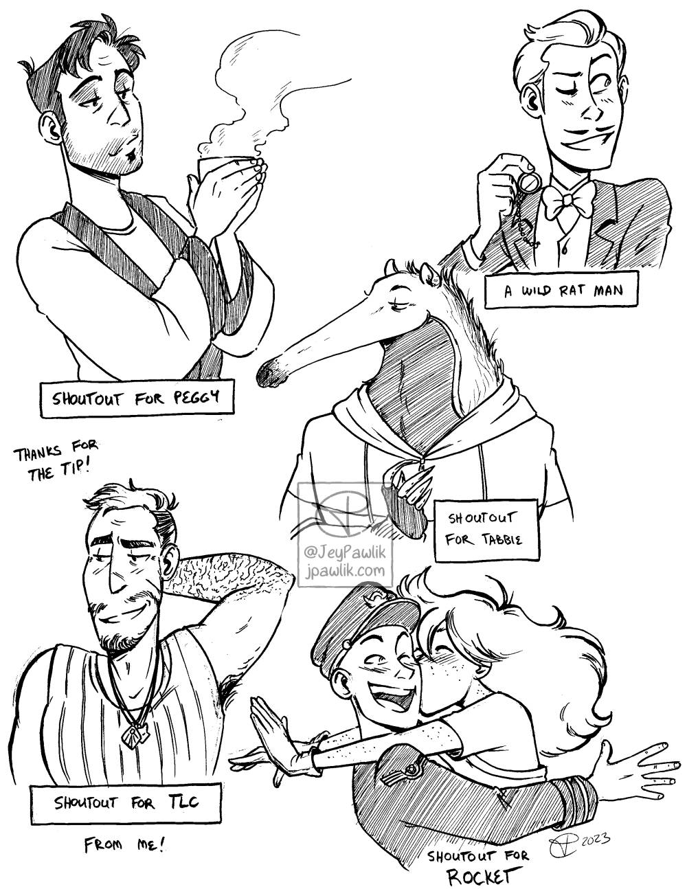 Image with five different black and white inked drawings on it. The first is Dean from the Iron Giant holding a steaming cup. The second is a fan design of Lupin the First smiling and looking to the right. The third is an anthropomorphic anteater wearing a hoody looking to the left. The fourth is a man with scarred arms blushing and rubbing the back of his head. The fifth drawing is a couple, with the woman jumping towards the man and kissing his cheek while he smiles.