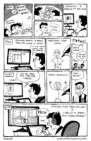 Black and white hourly comics split into panels by hour. 8am, my alarm goes off. I play Pokemon sleep with my spouse. I put on my T-gel, I have tea and breakfast while reading my RSS feed. 9am, I check my emails and make tasks in Notion. I start sketching my NDA work. Max yells “OH FUCK!” I ask “What’s wrong?” Xey respond “We left the brie out!” I say “Oh no!” as we both look at the sad brie. 10am, my narrative director says “Can you make this pose more intense?” I do sketch revisions, the sketch now has a devilish grin. I grin like the sketch saying “Much better!” 11am, sketching more poses for work and listening to Barry play Chrono Trigger! Barry says “Frog!” from my computer.