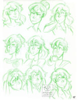 Sketch page of nine different expressions of Fujiko done in green pencil.